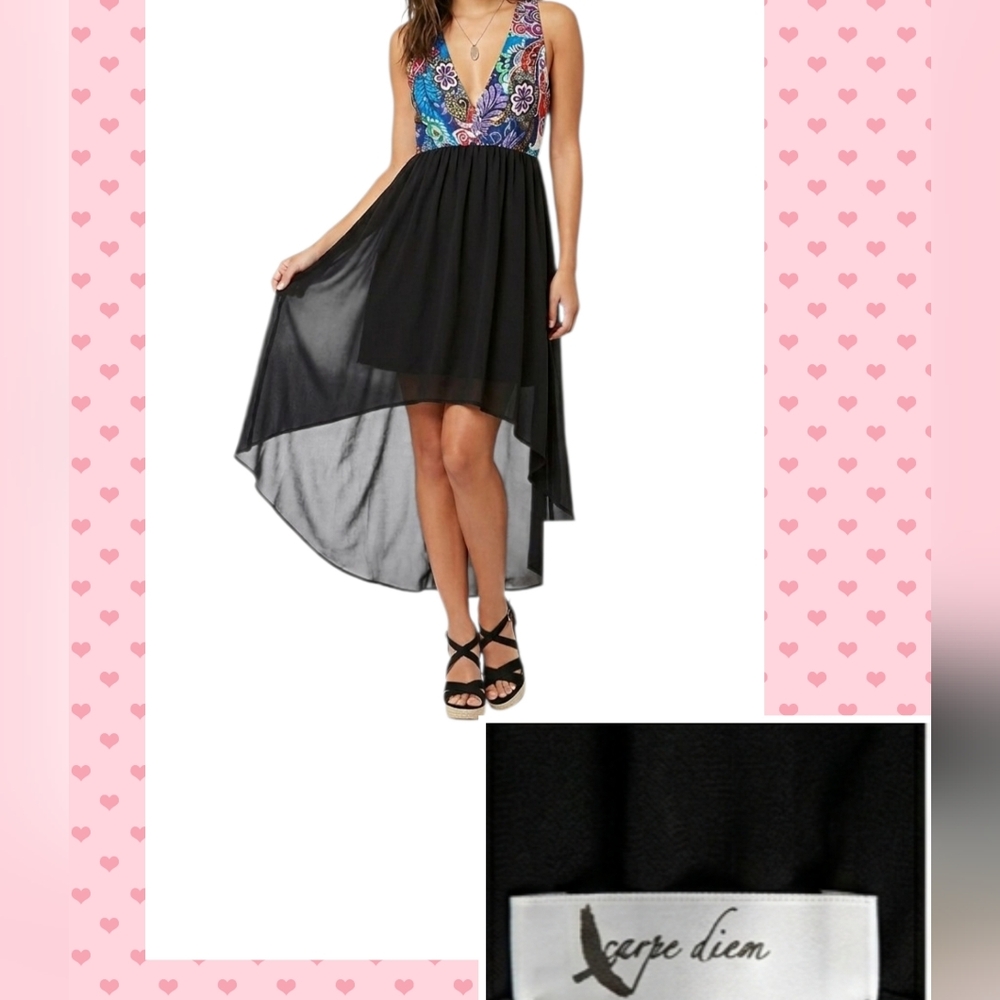 Carpe Diem High-Low Dress Boho Paisley Floral Bodice Black Chiffon Skirt Sz L